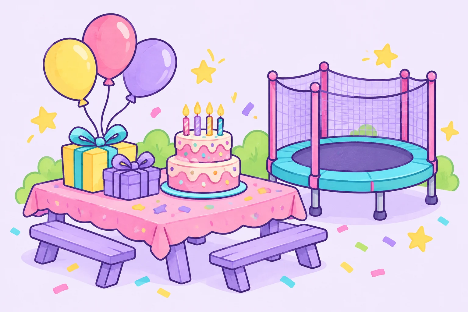 Ilustración de una celebración con torta, regalos, globos y un trampolín